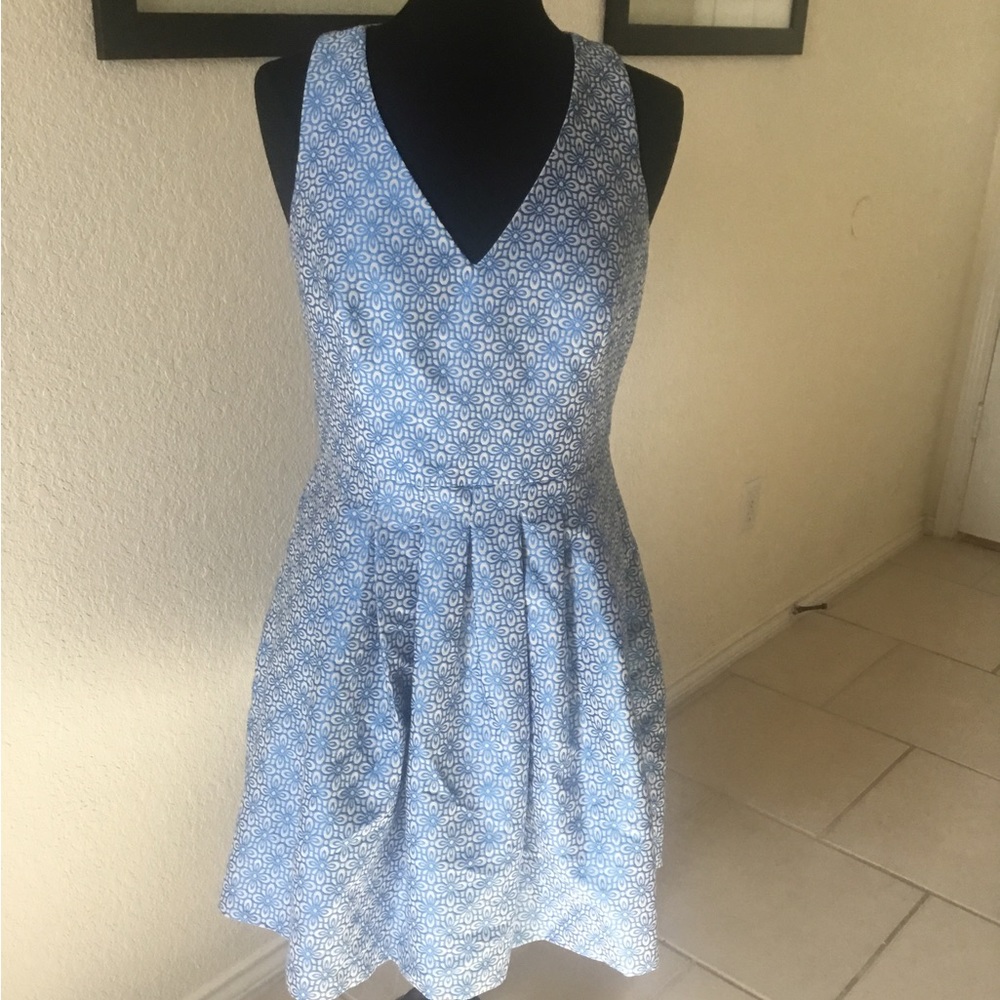 New Banana Republic dress in embroidered blue flowers.